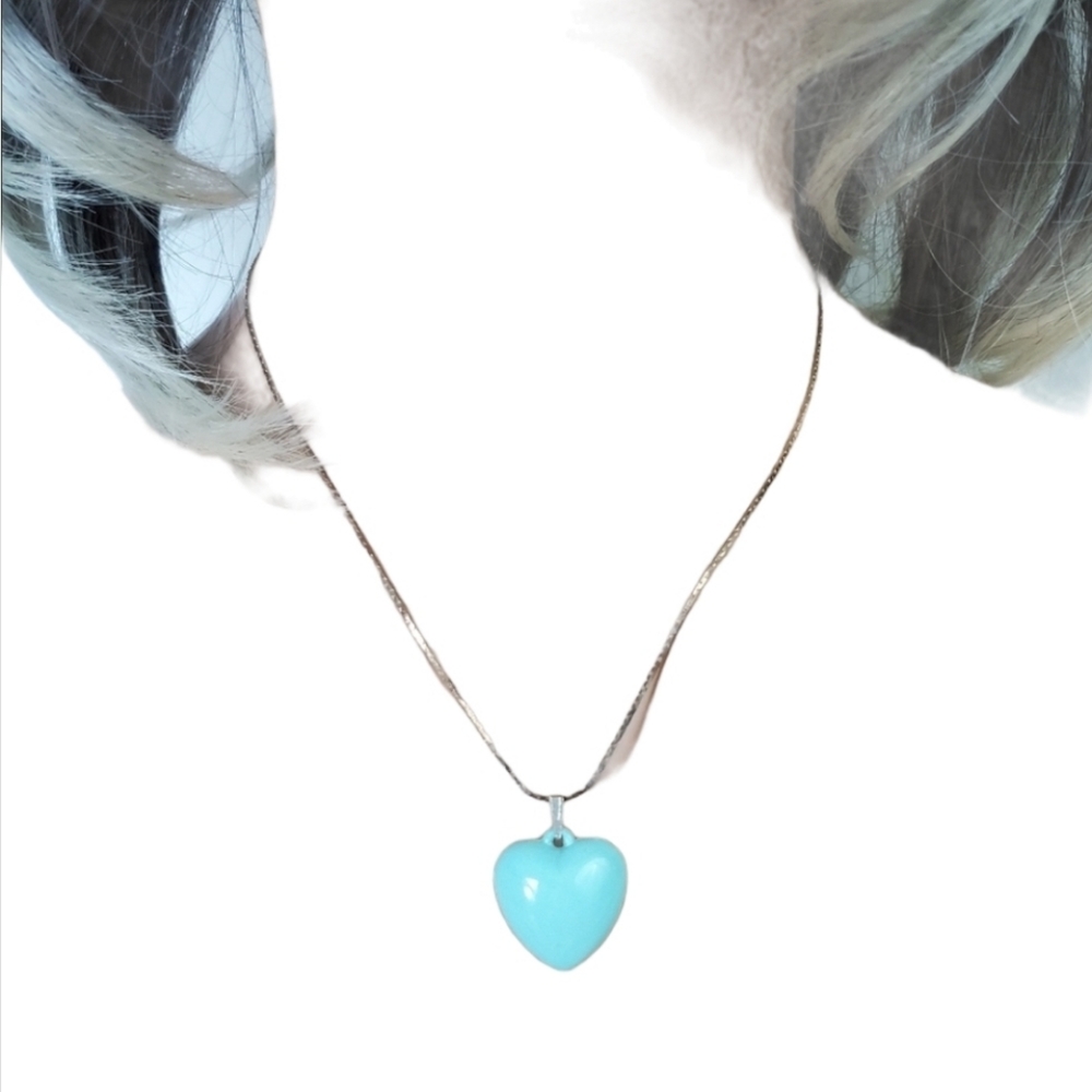 Silver aqua  Heart pendant necklace 17" *